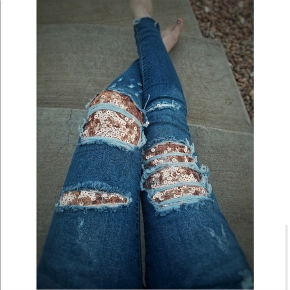 FINAL PRICE Rose Gold Sequin Skinny Jeans - Picture 7 of 8